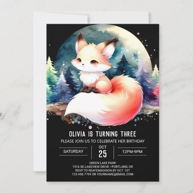 Invitación Woodland Minimalista Fox Birday digital (Anverso)