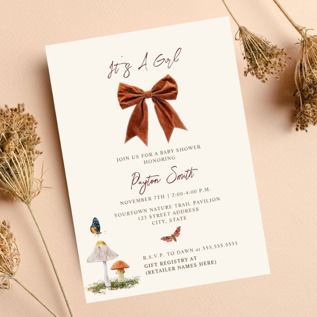 Invitación Woodland Mushroom Bow Chica Baby Shower (Subido por el creador)