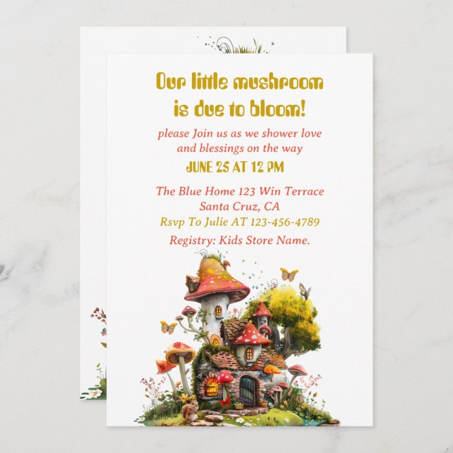 Invitación Woodland Mushroom House Baby Shower (Anverso / Reverso)