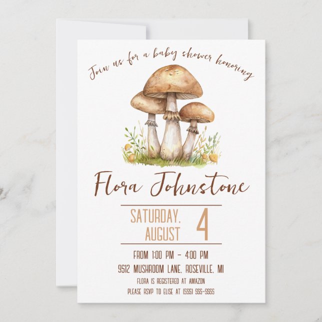 Invitación Woodland Mushroom Tema de Baby Shower (Anverso)