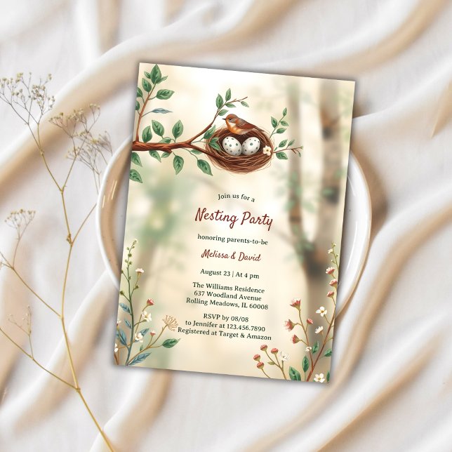 Invitación Woodland Nesting Fiesta Rustic Bird Baby Shower (Rustic Bird Nest Baby Shower Invitation – Woodland Nesting Party for Parents-to-Be)