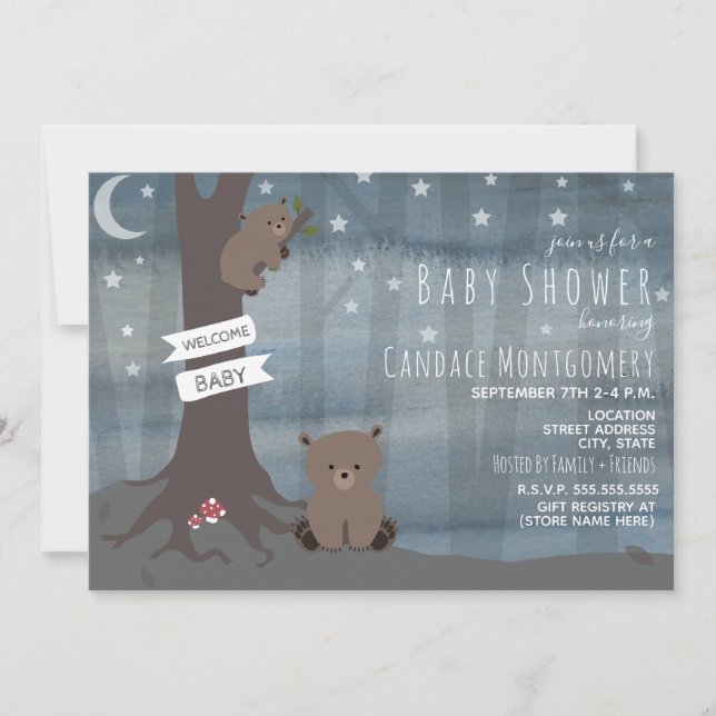 Invitación Woodland Night Bear Neutral Baby Shower (Anverso)