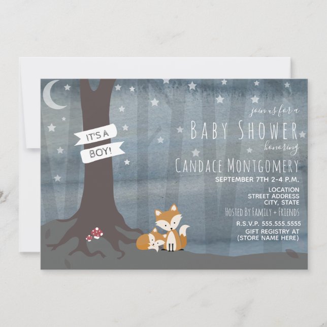 Invitación Woodland Night Fox Baby Shower (Anverso)