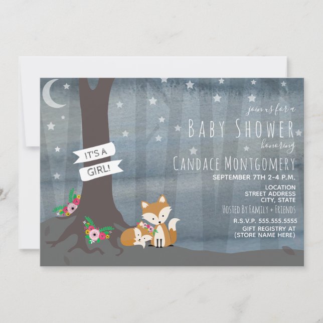 Invitación Woodland Night Fox Baby Shower - Chica (Anverso)