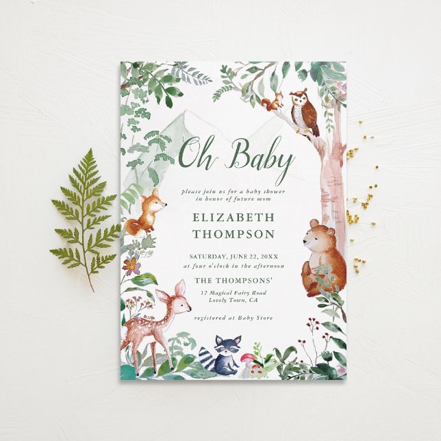 Invitación Woodland Oh Baby Enchanted Woods lindo Baby Shower (woodland baby shower invitation neutral enchanted forest bear fox deer magical woods fairy)