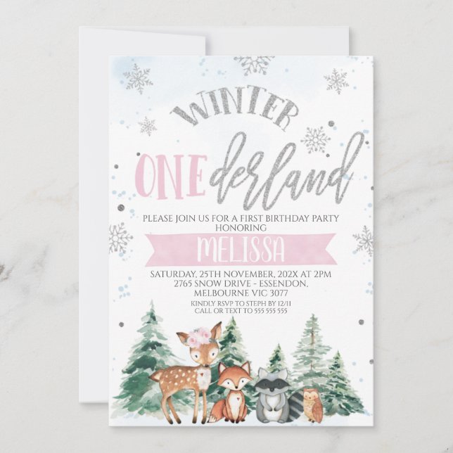 Invitación Woodland Onederland Pink Silver Primer Cumpleaños  (Anverso)