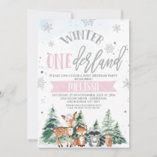 Invitación Woodland Onederland Pink Silver Primer Cumpleaños