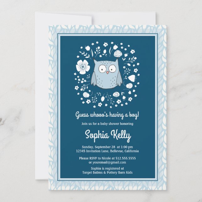 Invitación Woodland Owl Blue Boy Baby Shower (Anverso)