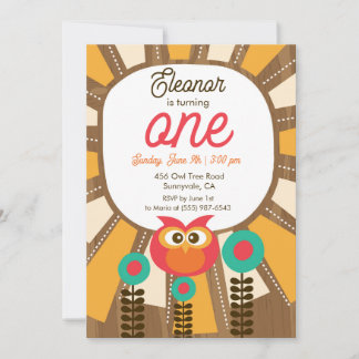 Invitación Woodland Owl First Birthday Invitation – One Year 