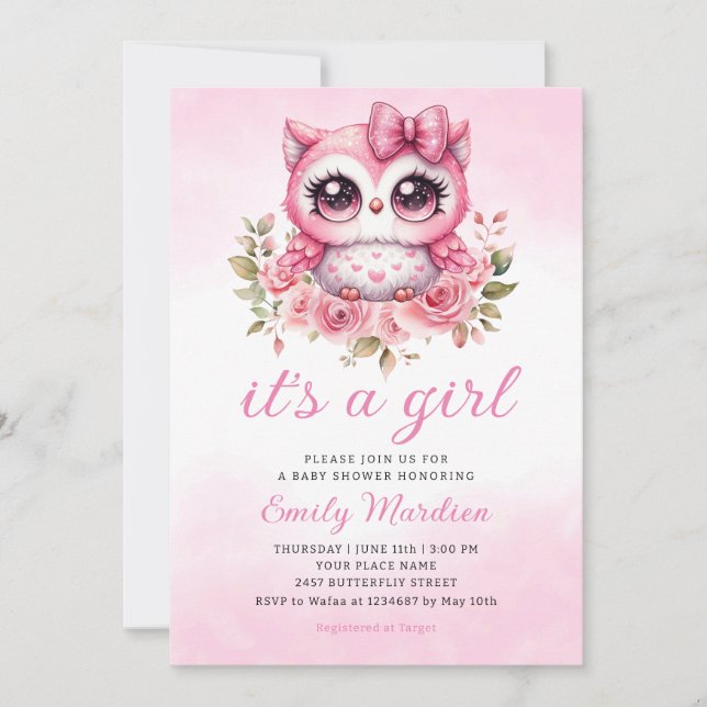 Invitación Woodland Owl Pink Boho Floral Chica Baby Shower (Anverso)
