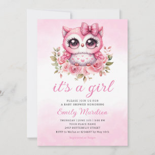 Invitación Woodland Owl Pink Boho Floral Chica Baby Shower