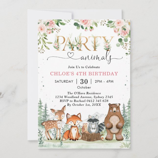 Invitación Woodland Party Animals Girl Birthday Invitation (Anverso)