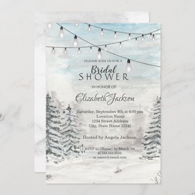 Invitación Woodland,Pine Trees, String Lights, Watercolor (Anverso / Reverso)