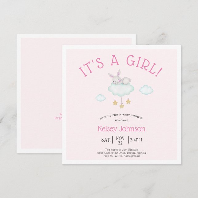 Invitación Woodland Pink Es un Chica Bunny Baby Shower (Anverso / Reverso)