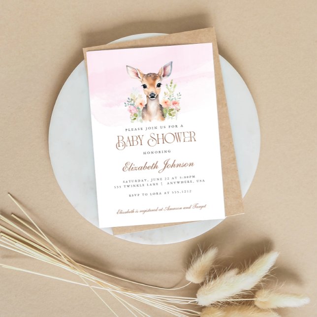 Invitación Woodland Pink Floral Oh Deer Baby Shower (Subido por el creador)