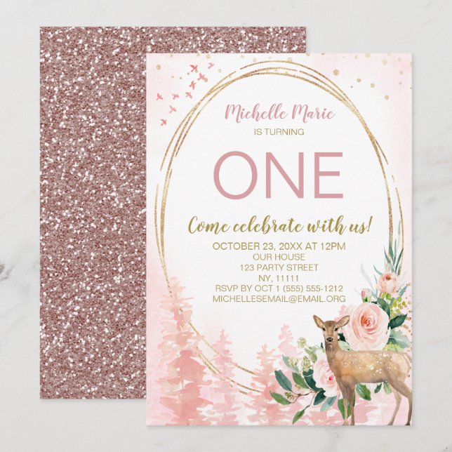 Invitación Woodland Pink Gold Floral Primer cumpleaños (Anverso / Reverso)