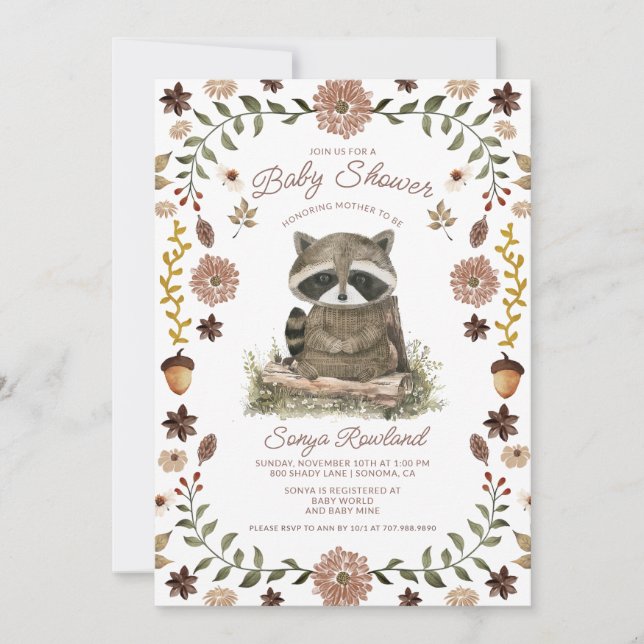 Invitación Woodland Raccoon Baby Shower (Anverso)