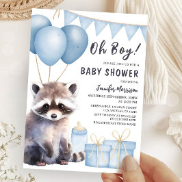 Invitación Woodland Raccoon Baby Shower Boy Blue Balloons