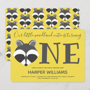 Invitación Woodland Raccoon Bebé Amarillo Primer cumpleaños