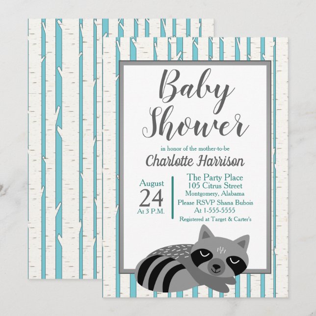 Invitación Woodland Raccoon & Birch Trees Baby Shower (Anverso / Reverso)
