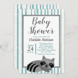Invitación Woodland Raccoon & Birch Trees Baby Shower