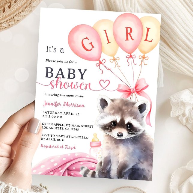 Invitación Woodland Raccoon Chica Baby Shower Globos rosados (Subido por el creador)