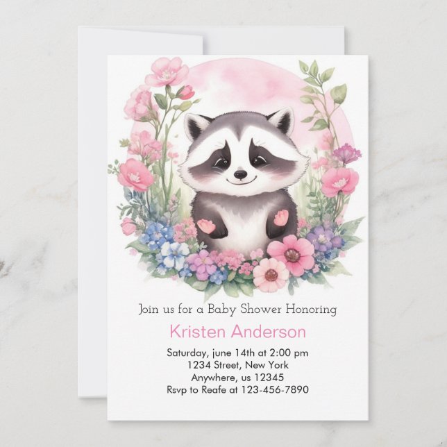 Invitación Woodland Raccoon Pink Adventure Chica Baby Shower (Anverso)