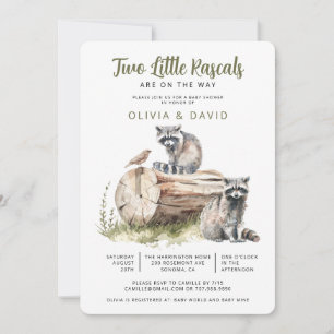 Invitación Woodland Raccoon Twins Baby Shower