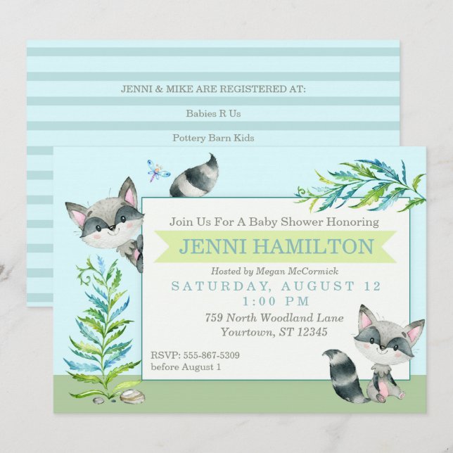 Invitación Woodland Raccoon Whimsical Baby Shower (Anverso / Reverso)