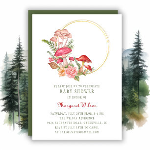 Invitación Woodland Red Watercolor Mushroom Baby Shower