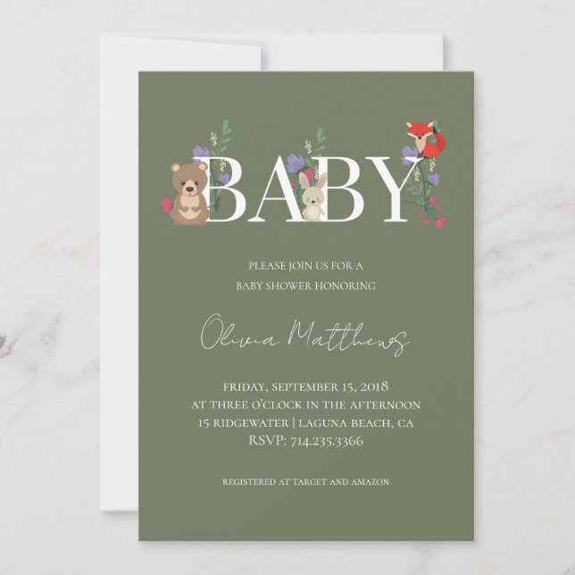 Invitación Woodland Sage Green Baby Shower (Anverso)