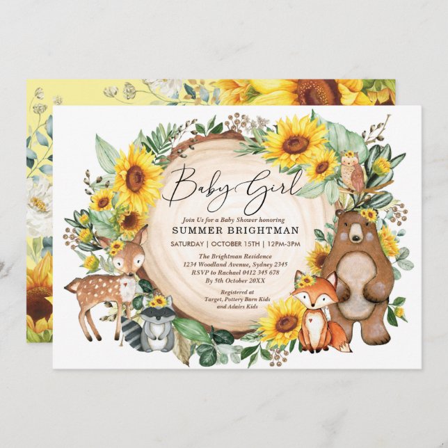 Invitación Woodland Sunflower Forest Animals Baby Girl Shower (Anverso / Reverso)