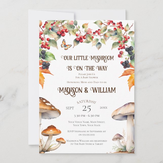 Invitación Woodland Toadstool Mushroom Fall Baby Shower (Anverso)