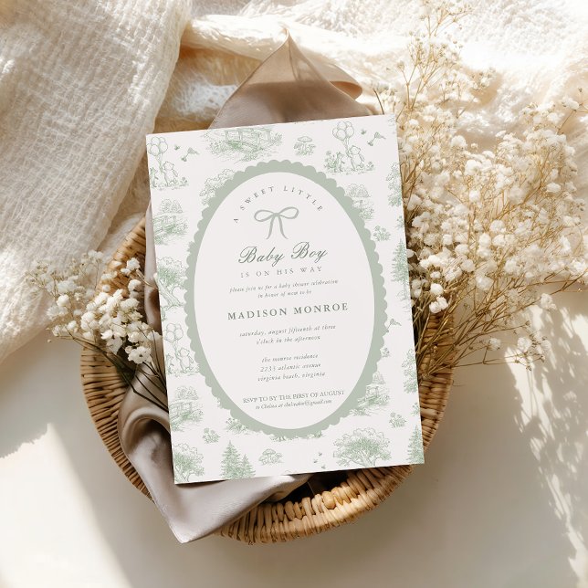 Invitación Woodland Toile Storybook Bow Baby Shower  (Woodland Toile Sage Green Bow Baby Shower Invitation)