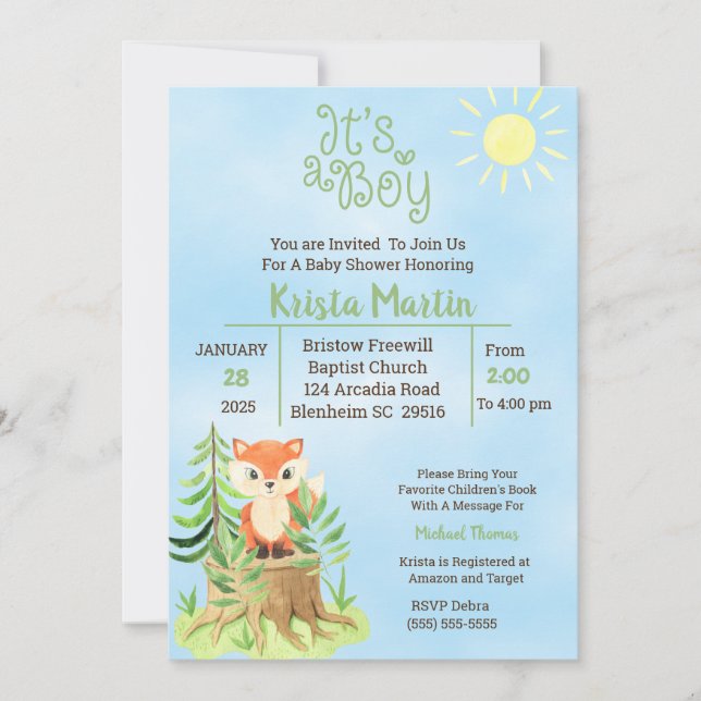 Invitación Woodland trae un Baby Shower de libros (Anverso)