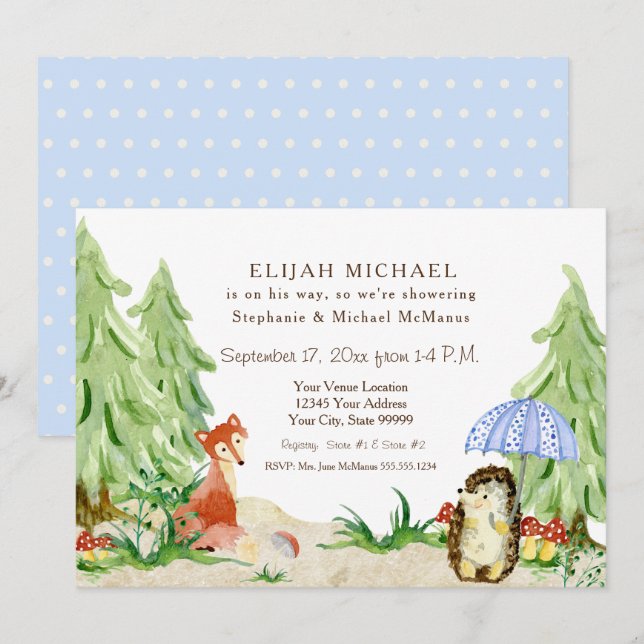 Invitación Woodland Tree Forest Fox Hedgehog Boy Baby Shower (Anverso / Reverso)
