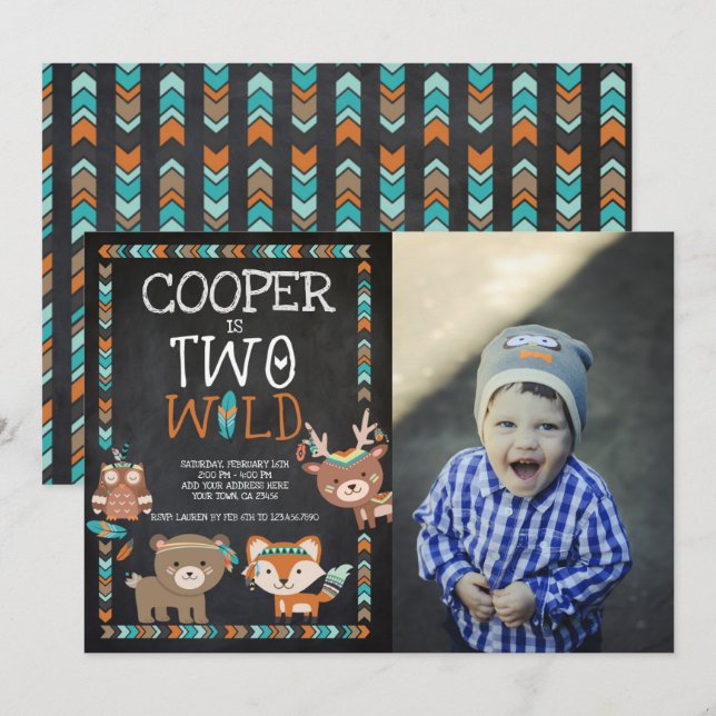 Invitación Woodland tribal, dos silvestres (Anverso / Reverso)
