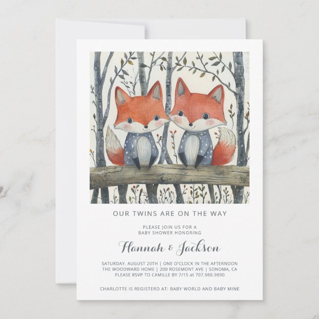 Invitación Woodland Twins Baby Shower (Anverso)