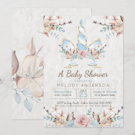 Invitación Woodland Unicorn Baby Shower Blue