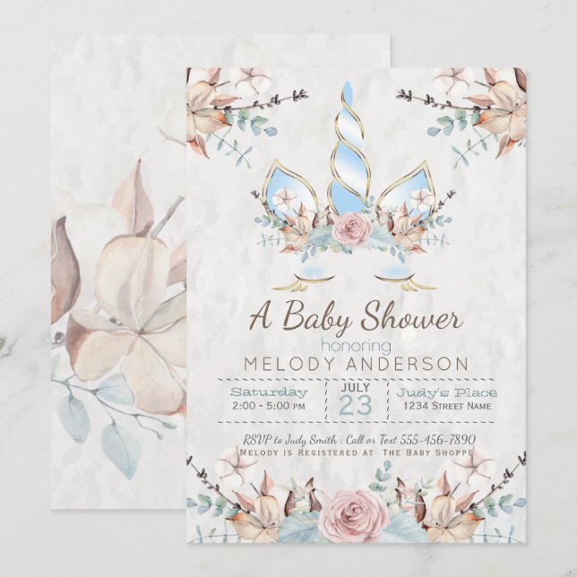 Invitación Woodland Unicorn Baby Shower Blue (Anverso / Reverso)