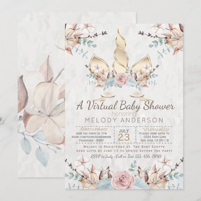 Invitación Woodland Unicorn Virtual Baby Shower Gold (Anverso / Reverso)
