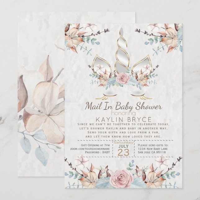 Invitación Woodland Unicorn Virtual Baby Shower Kaylin (Anverso / Reverso)
