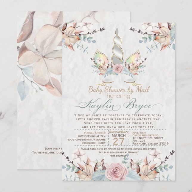 Invitación Woodland Unicorn Virtual Baby Shower Kaylin4a Inv (Anverso / Reverso)