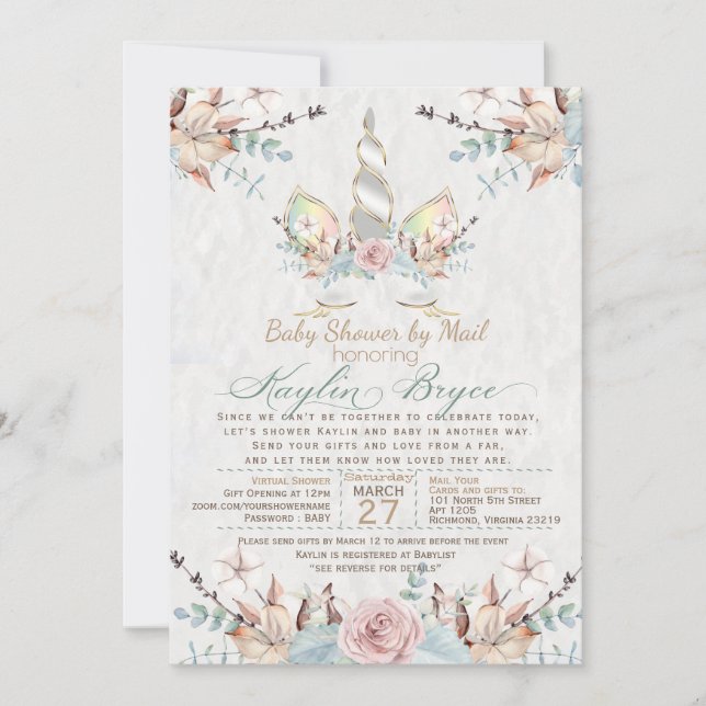 Invitación Woodland Unicorn Virtual Baby Shower Kaylin5 Inv (Anverso)