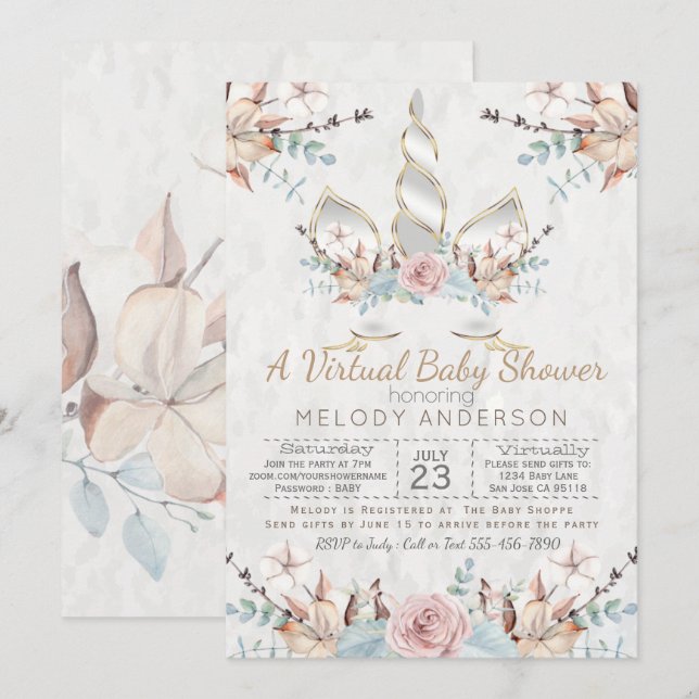 Invitación Woodland Unicorn Virtual Baby Shower Silver (Anverso / Reverso)