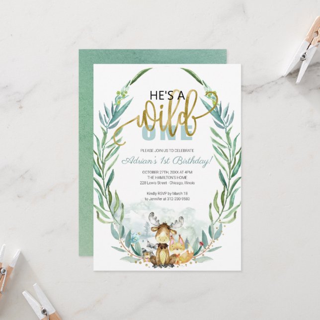 Invitación Woodland verde es un salvaje primer cumpleaños (Anverso/Reverso In Situ)