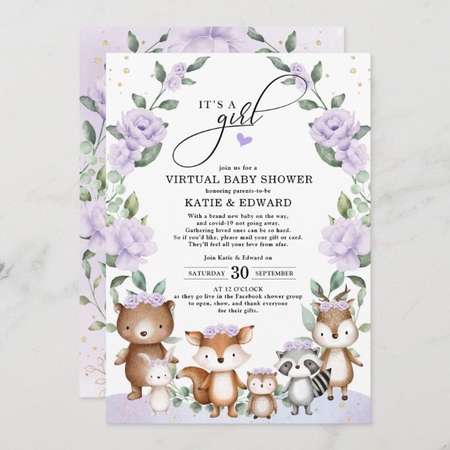 Invitación Woodland Virtual Baby Shower Purple Floral Animale (Anverso / Reverso)