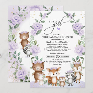 Invitación Woodland Virtual Baby Shower Purple Floral Animale