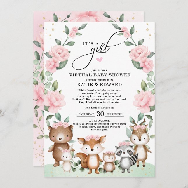 Invitación Woodland Virtual Baby Shower Rubor Floral Animales (Anverso / Reverso)