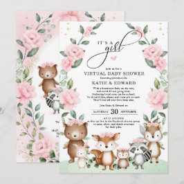 Invitación Woodland Virtual Baby Shower Rubor Floral Animales